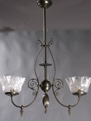 2-Light Gas Chandelier with Deep Acid Etched Gas Shades